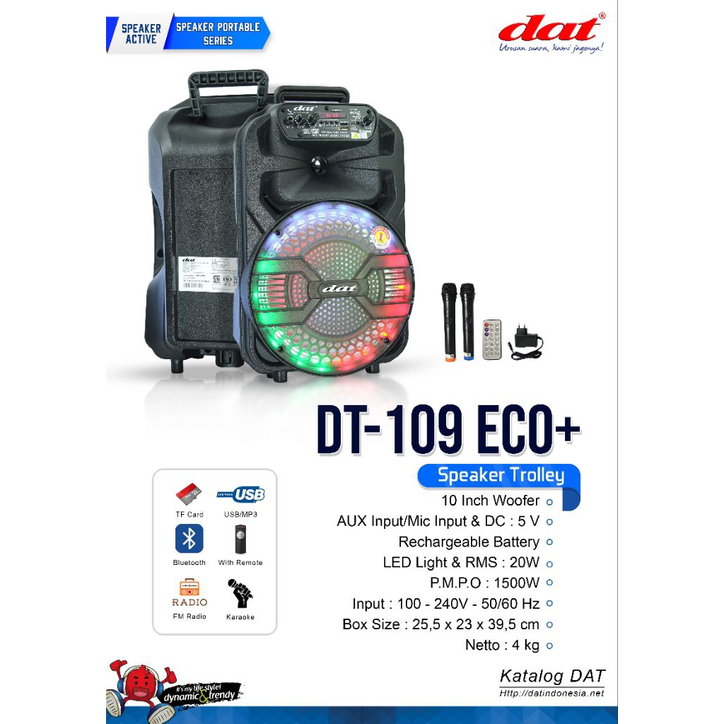 DAT Speaker 109  – Bluetooth Karaoke Speaker Trolley 10" – USB, SD Card, FM Radio, 2 Mic Wireless, L