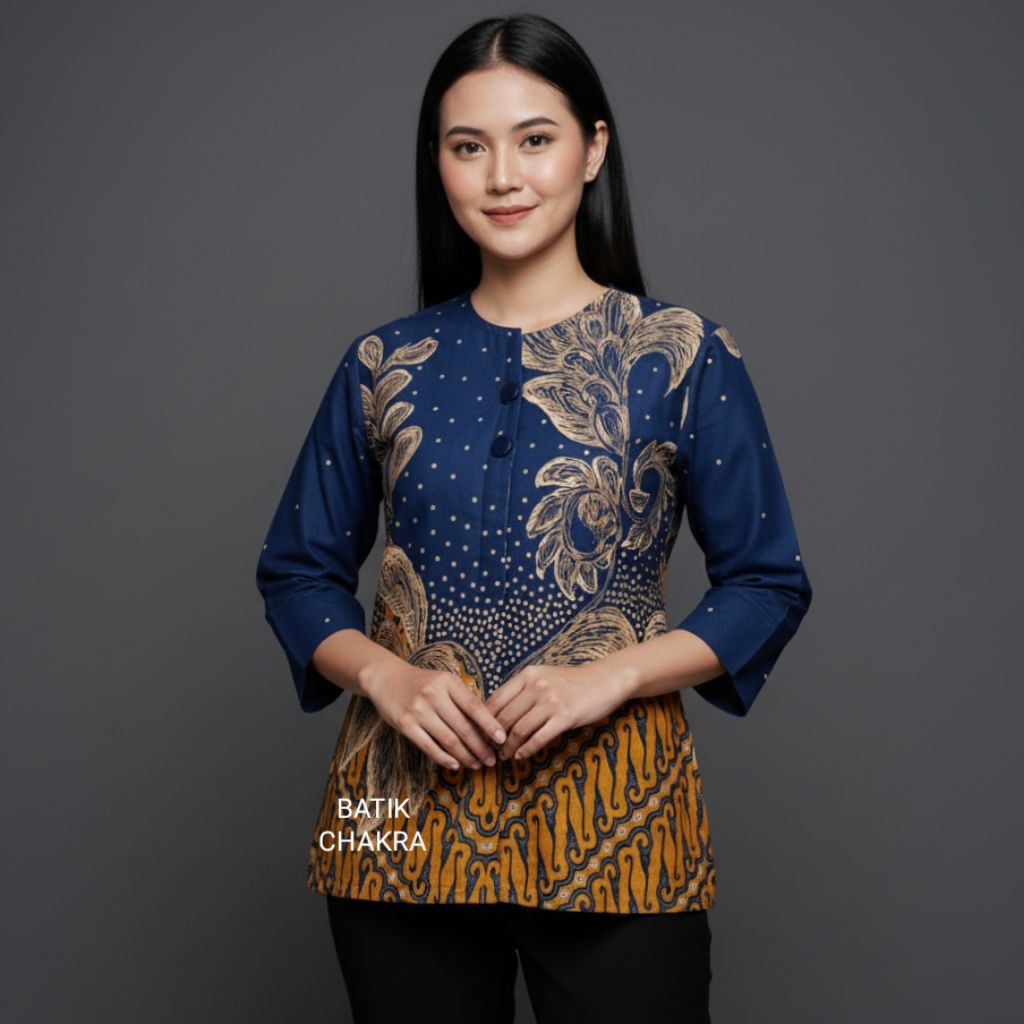 blus batik wanita ANGGREK NAVY bahan katun lapis full trikot