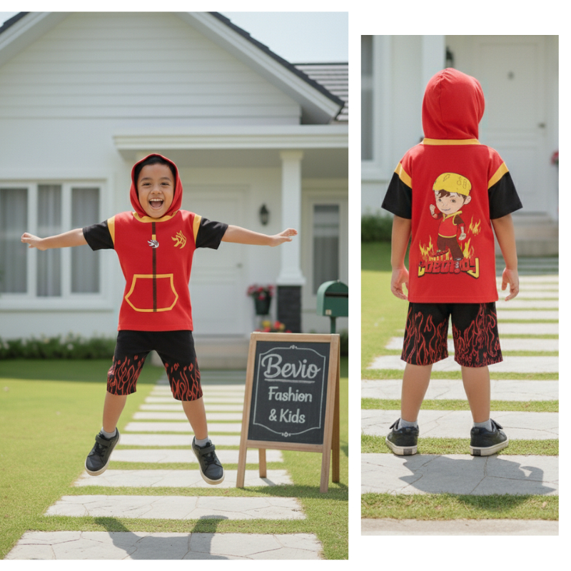 Kostum Boboiboy Api Baju Anak Laki Cowok Setelan Pendek Karakter 1 - 11 Tahun Hodie Topi