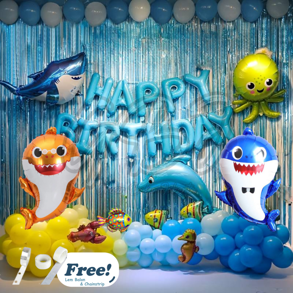 [PAKET PREMIUM] Dekorasi Ulang Tahun Anak Biru Tema Binatang Laut / Hiu / Balon Baby Shark