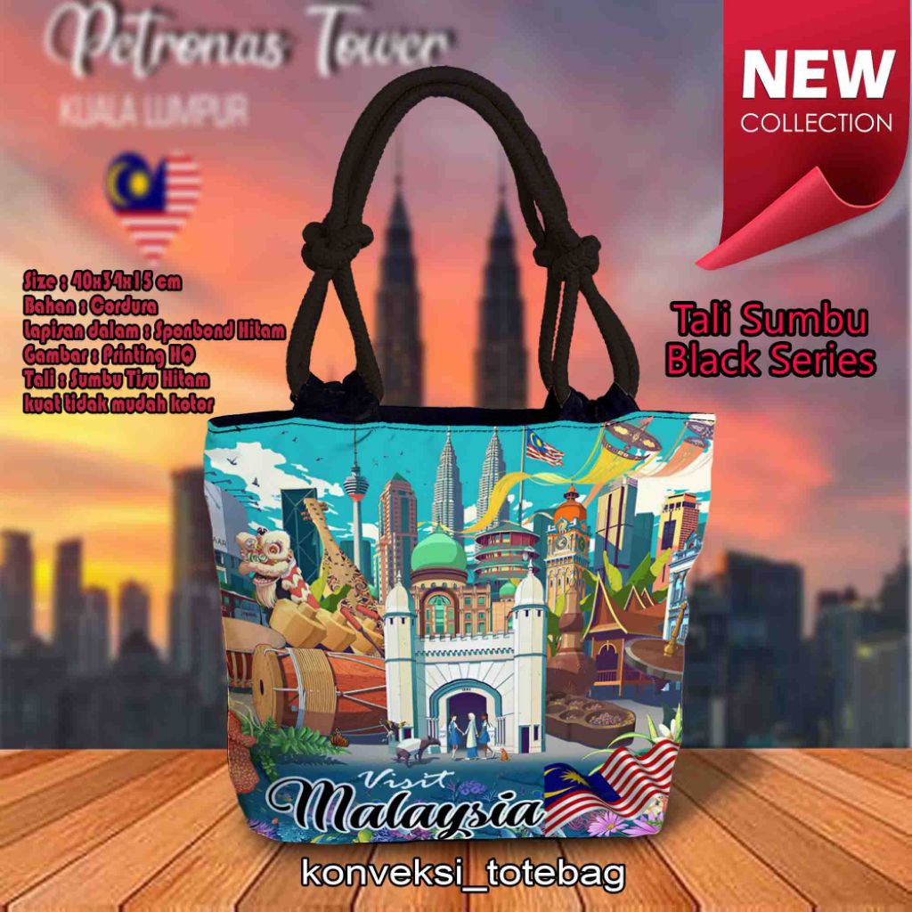 (Souvenir)tas totebag tali sumbu kepang tali warna hitam motif Malaysia/tas oleh oleh Malaysia/Souve