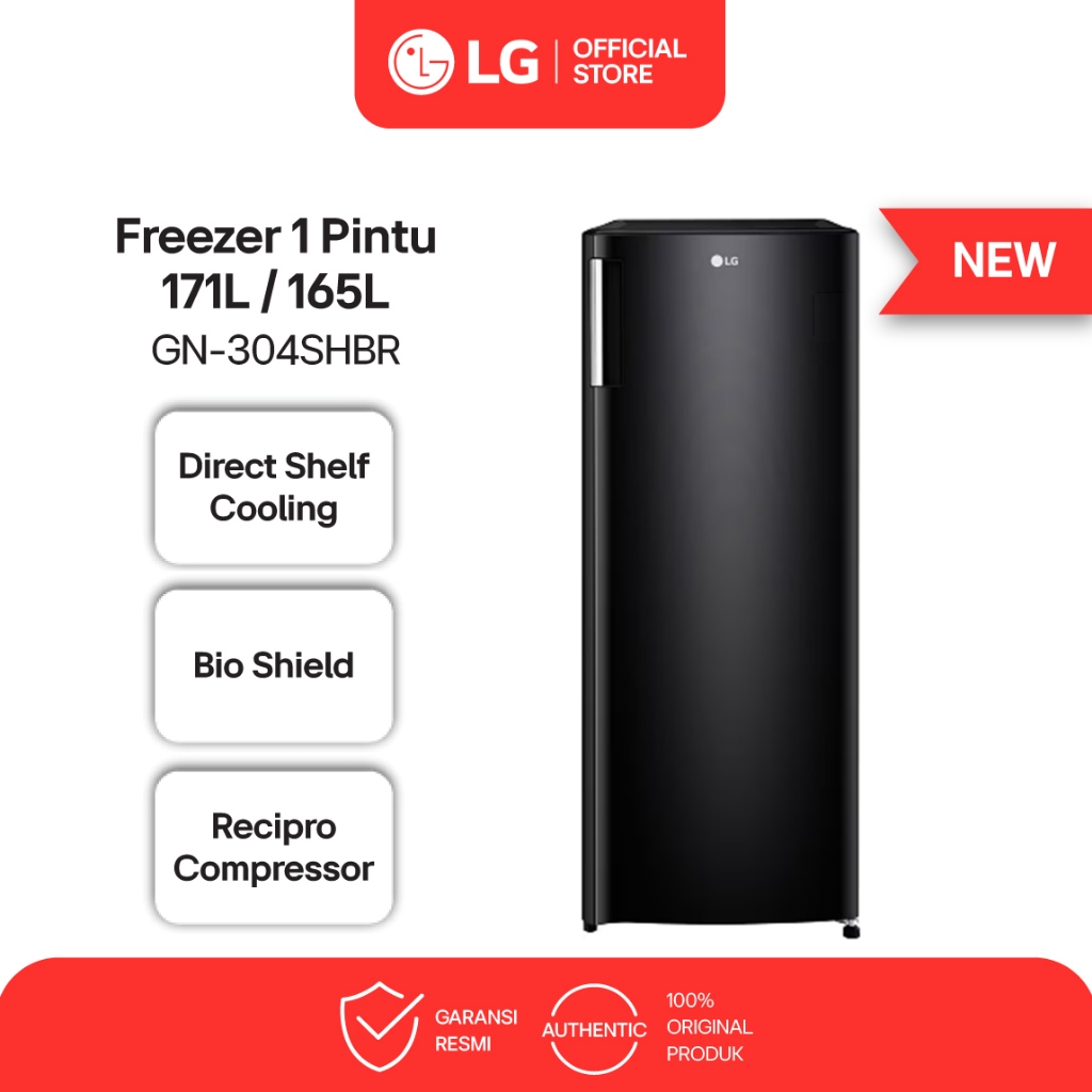 LG Freezer 1 Pintu 171L / 165L - Vertical Freezer - 6 Freezer Shelves - 4 Door Baskets - GN-304SHBR