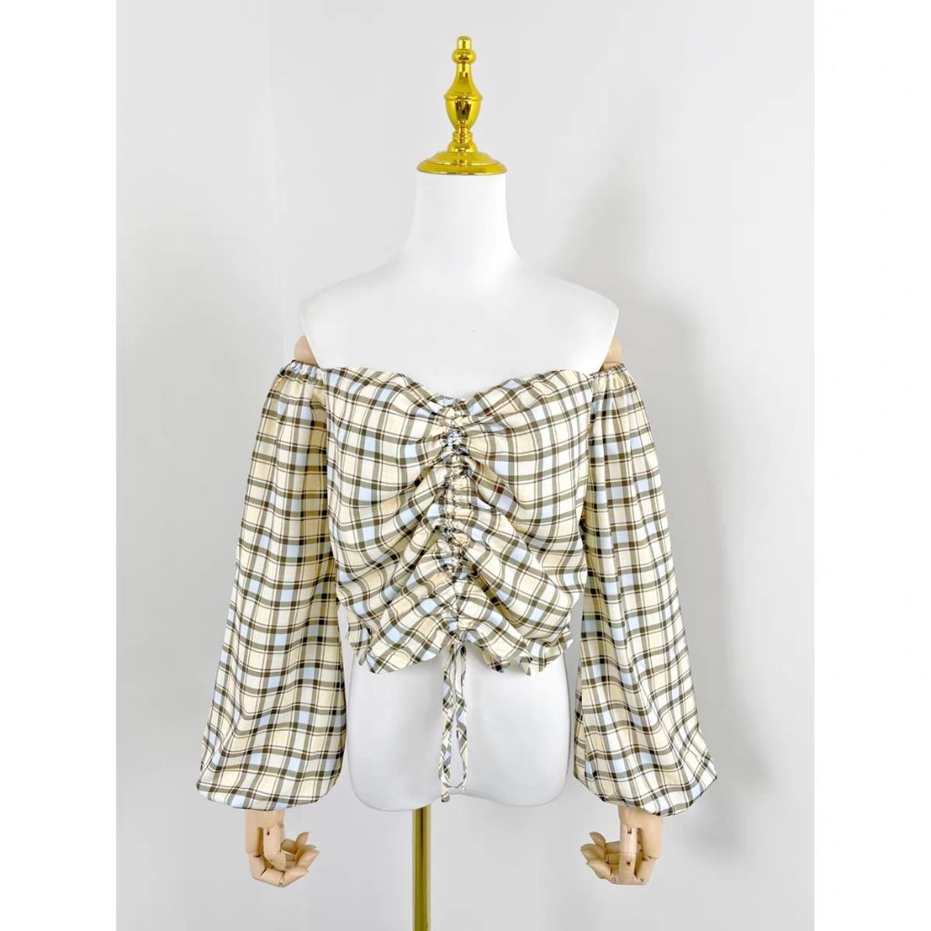 Atasan blouse pakaian wanita baru perdagangan luar negeri kotak kotak manis yang mengurangi usia kas