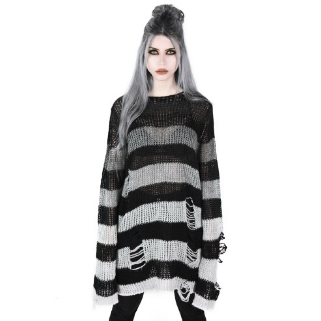 𝙋𝙍𝙀𝙇𝙊𝙑𝙀𝘿 Killstar Black & White Knit Long Sleeve Oversized Sweater Top Rajut Fashion Wanita