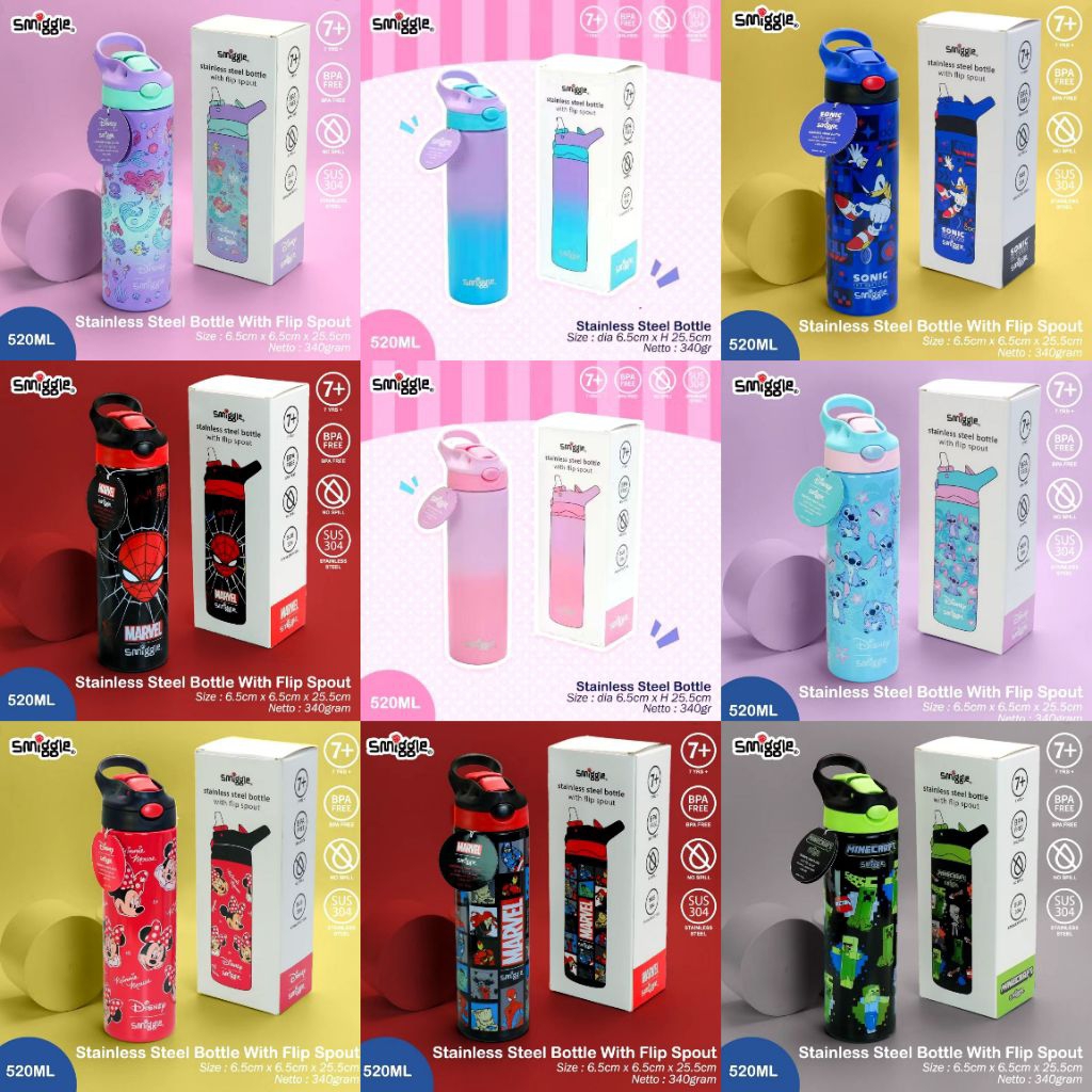 Botol Minum Stainless Steel 304 Minecraft Spiderman Marvel Mermaid Stitch Frozen | Botol Minum Flip 