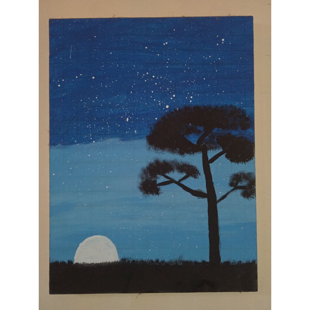 Lukisan Pemandangan Malam dengan Pohon & Bulan - Handmade Acrylic Painting di Kanvas