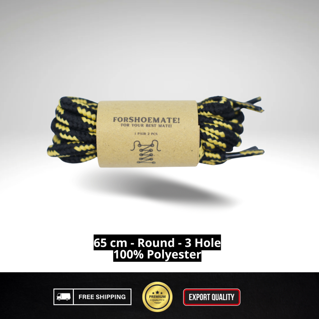 FORSHOEMATE Tali Sepatu | Hitam 4 Kuning | Tali Sepatu Bulat 65 cm Tali Sepatu 3 Hole 3 Lubang Tali 
