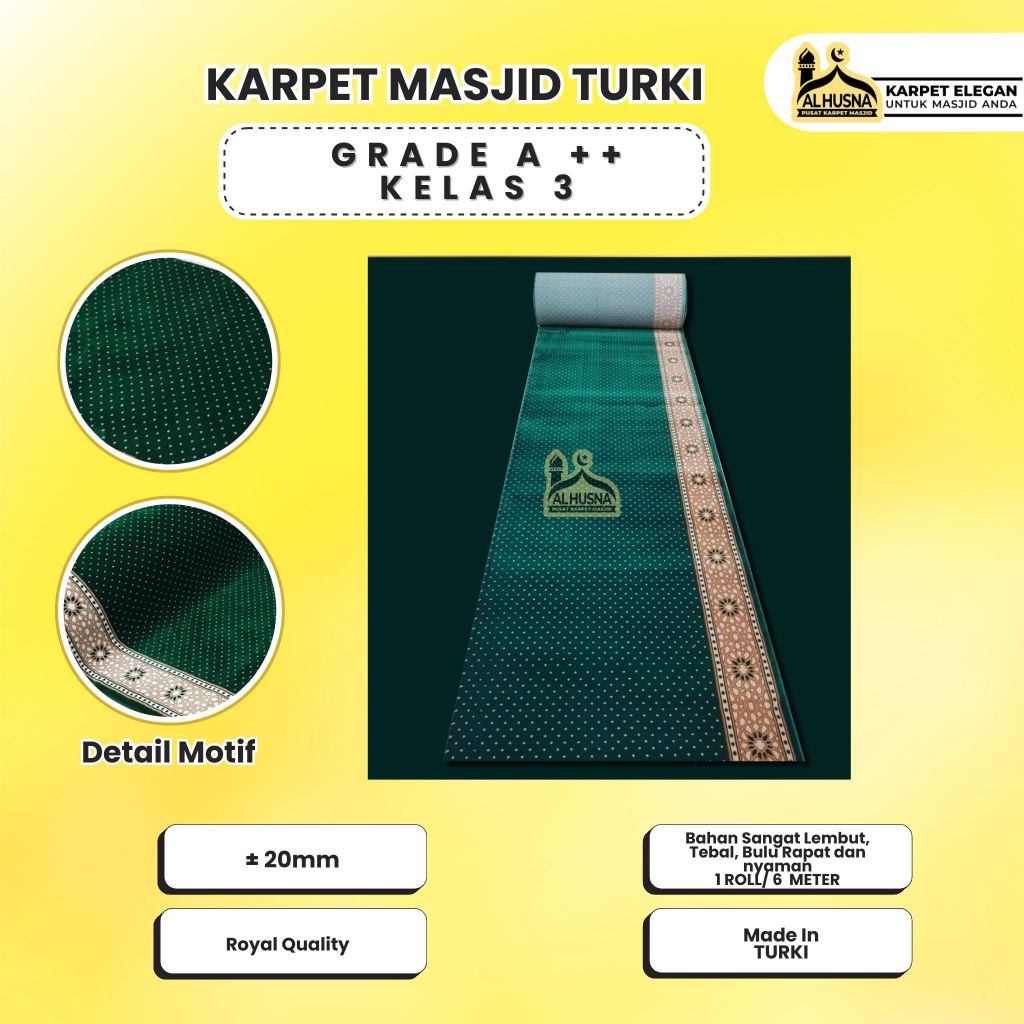 Alhusna Karpet Masjid - Karpet Masjid Tebal Al-Saray 20mm | Warna Hijau Merah | Sajadah Mushola Roll