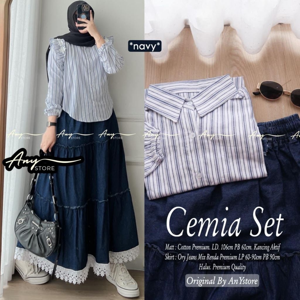 Cemia Set Anystore Setelan Muslimah Wanita Modern Atasan Stripe Rok Jeans Panjang Cotton Premium