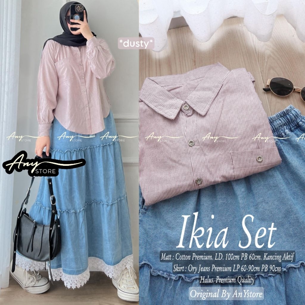Ikia Set Anystore Setelan Hijab Wanita Muslimah Modern Atasan Stripe Rok Jeans Panjang Cotton Premiu