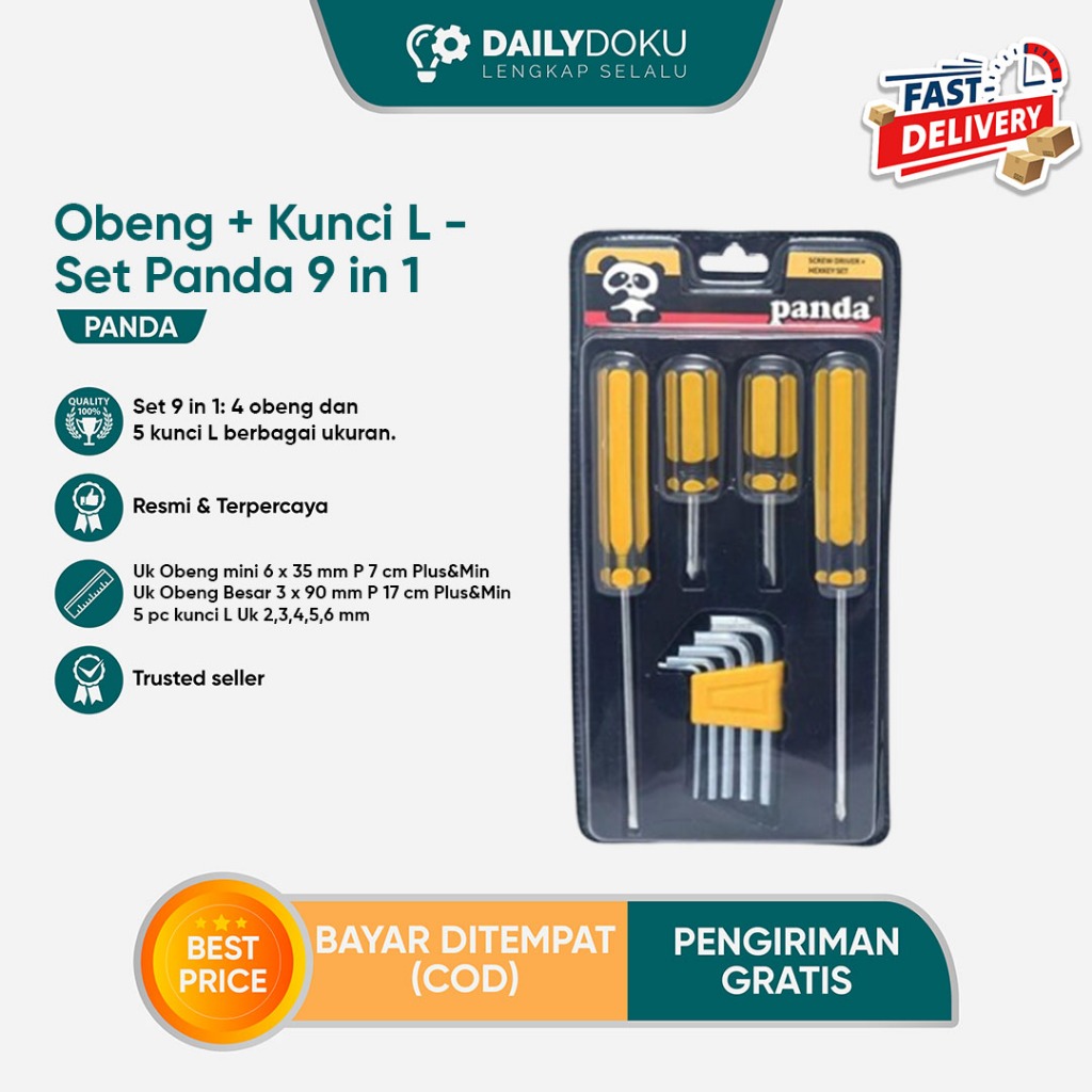 Set Obeng + Kunci L Panda 9 in 1 Obeng Plus Minus dan Kunci L Berbagai Ukuran Lengkap