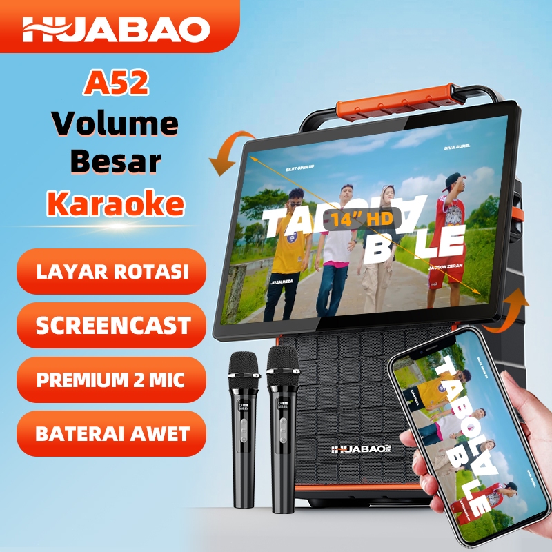 HUABAO A52 Speaker Karaoke Bluetooth Layar Putar ScreenCast Tanpa App Dua Mic Wireless