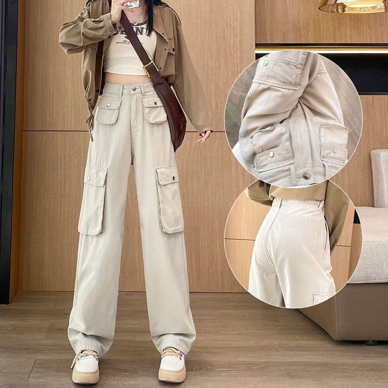 |kekinian.factory| Highwaist Cargo Celana Panjang Wanita Putih Celana Cargo Wanita Korea Style Loose