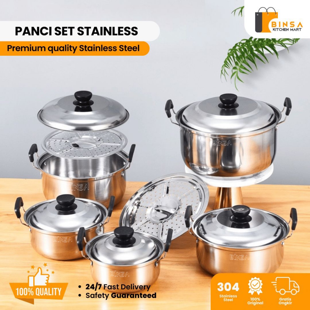 BINSA - Panci Rebus Set Stainless isi 5 pcs Anti Lengket Kukusan Sup Daging 272