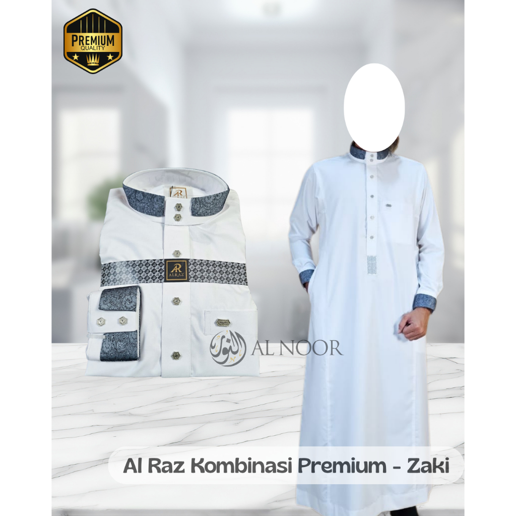Jubah Saudi | Gamis Pria | Al Raz Kombinasi Putih Zaki - Pusat Grosir Al Noor
