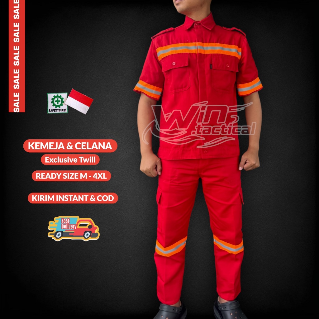 Setelan Wearpack Atasan Kemeja Safety Baju Sefty Lengan Pendek Kancing Scotchlite Orange