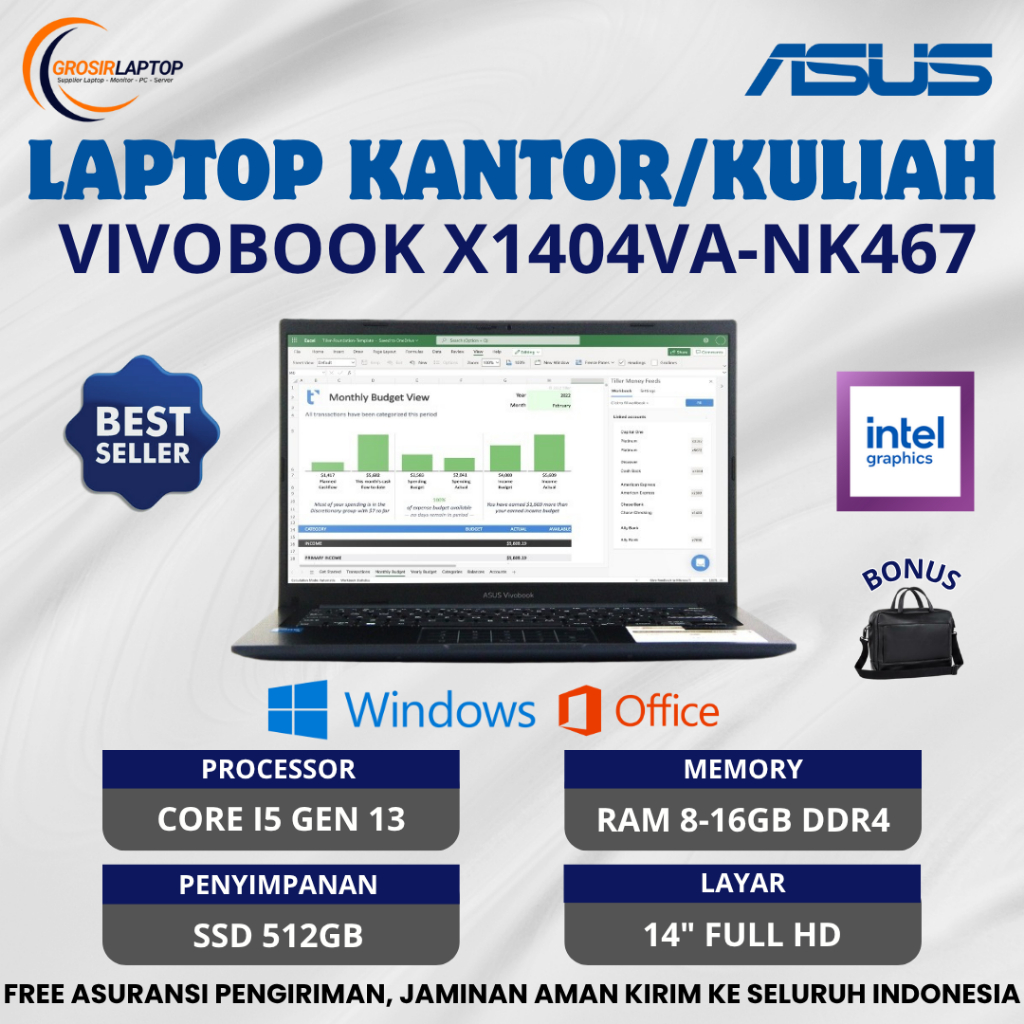 PROMO Laptop Asus VivoBook X1404VA-NK467 Core i5-1335U Ram 16Gb Ssd 512Gb 14" Full Hd