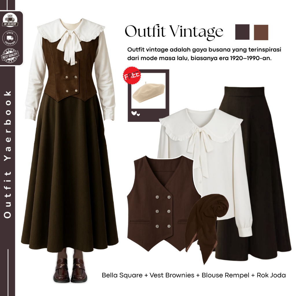 Dark Academia Yearbook Outfit (Bella Square + Vest + Blouse + Rok Joda ) OOTD Yearbook Remaja - FO19