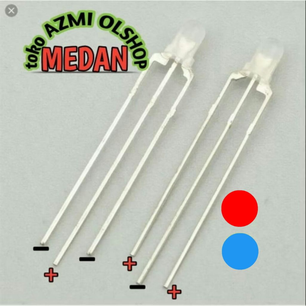 5pcs/biji led 3mm 3 kaki 2 warna merah biru