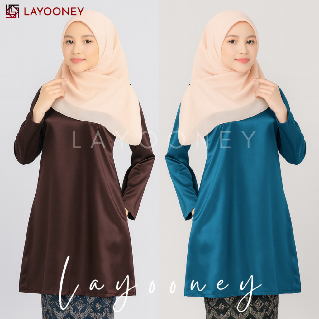 Layooney Baju Kurung Melayu Wanita Atasan Tunik Kebaya Polos Modern Kondangan Akad Satin Premium