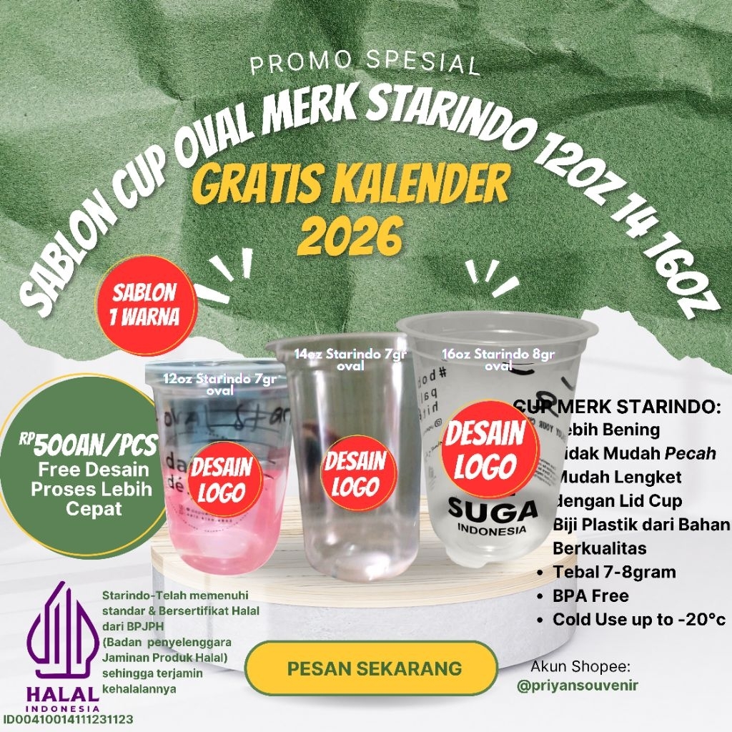 sablon cup 14oz oval merk Starindo tebal 7 gram free desain