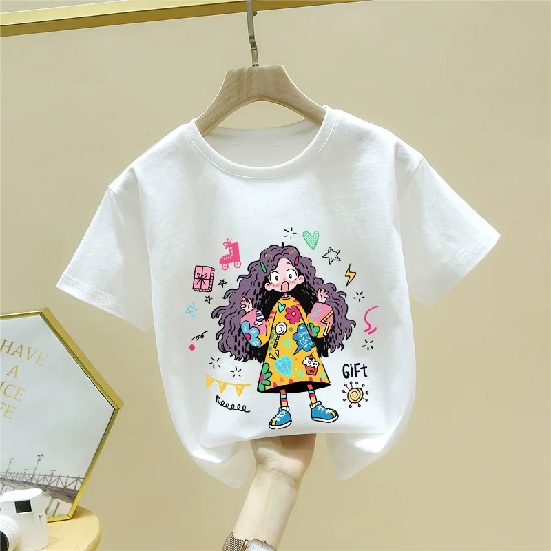 T-shirt Pendek Anak dengan Lukisan Karikatur Gadis Rambut Keriting Konyol, Pakaian Atas Anak Laki-la