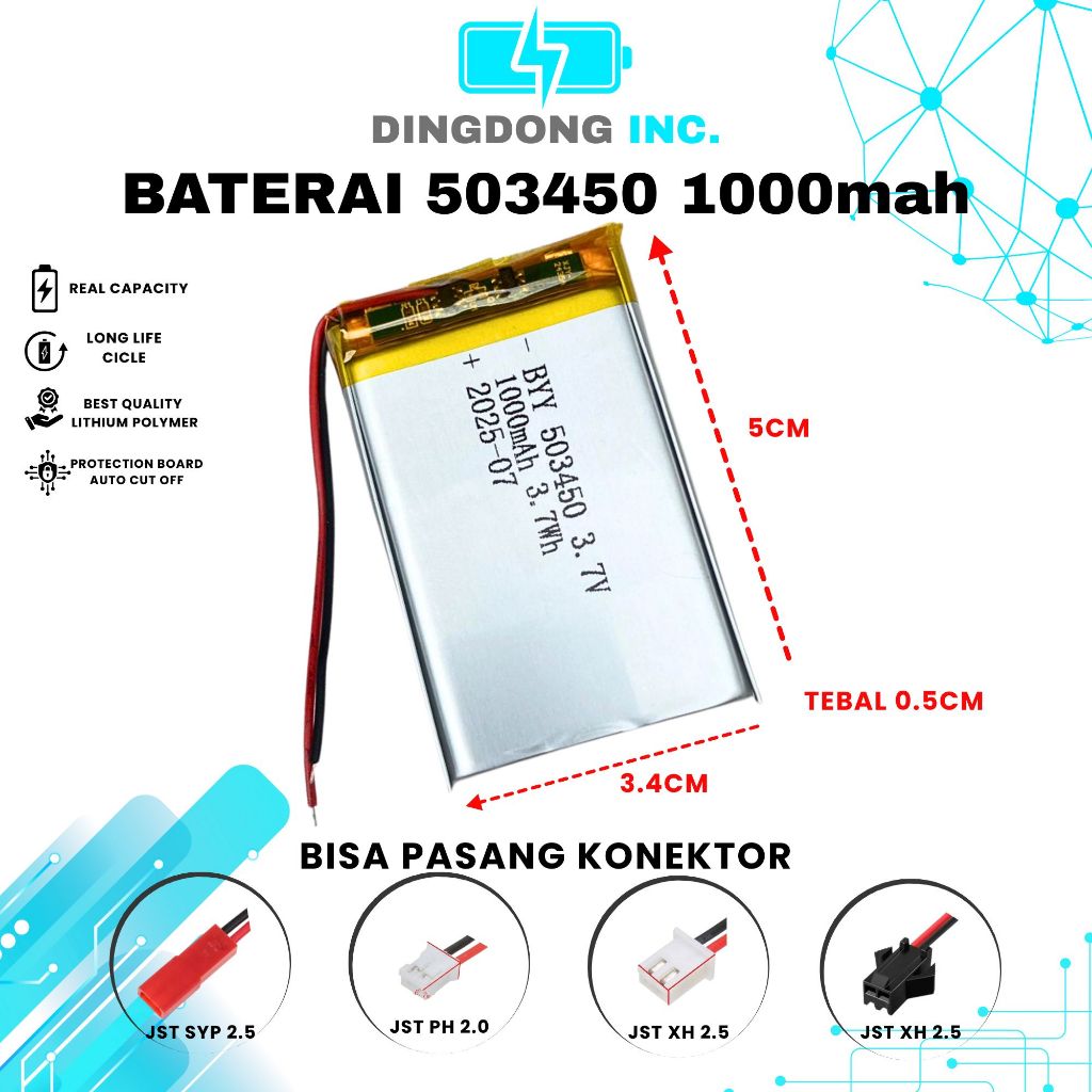 DING DONG BATERAI LIPO 1000MAH 503450 3.4X5 CM TEBAL 0.5 CM BATRE LITHIUM POLYMER 1000 MAH 3.4 X 5 C