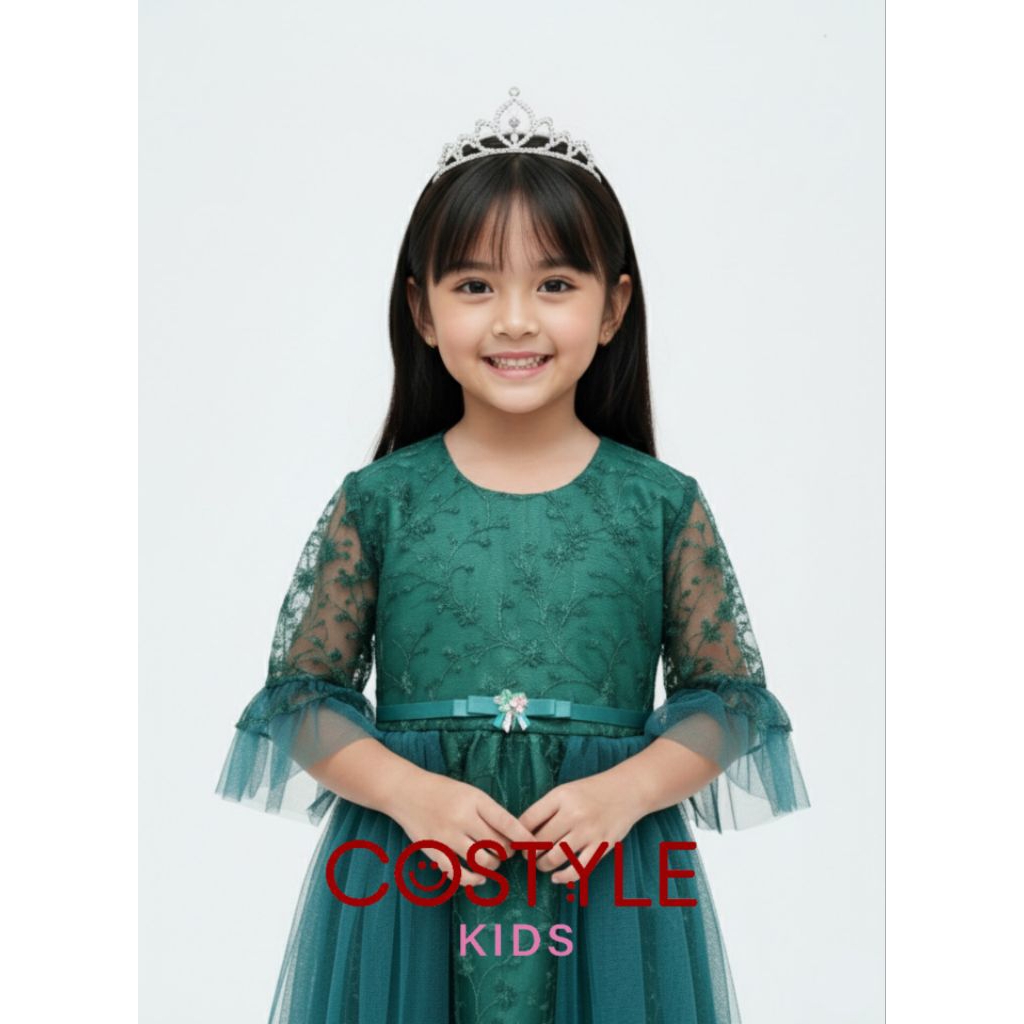 Dress Pesta Anak Green Emerald - Dress Pesta Anak Murah - Gaun Ulang Tahun Anak - Warna Viral Green 