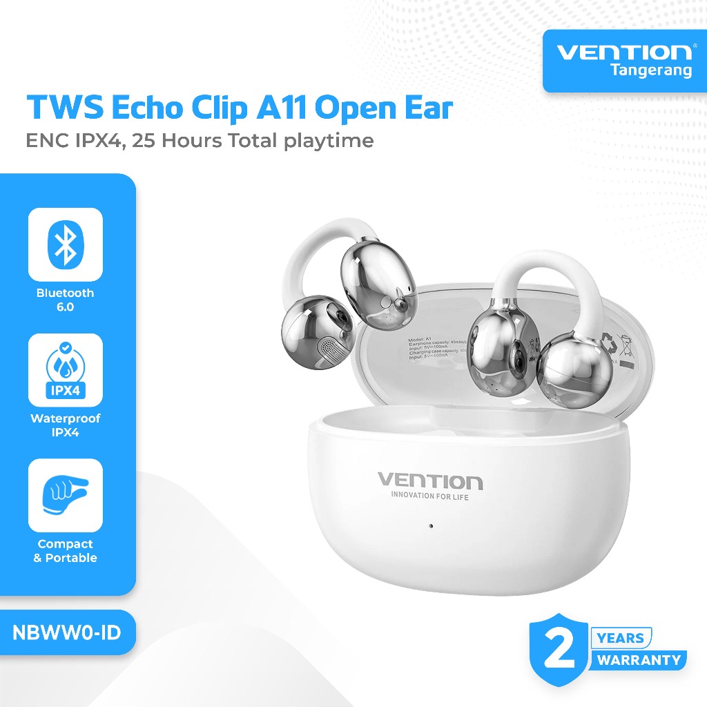 Vention TWS Echo Clip A11 True Wireless On Open Ear Bluetooth 6.0 ENC IPX 4 Earphones Earbuds 25 Hou