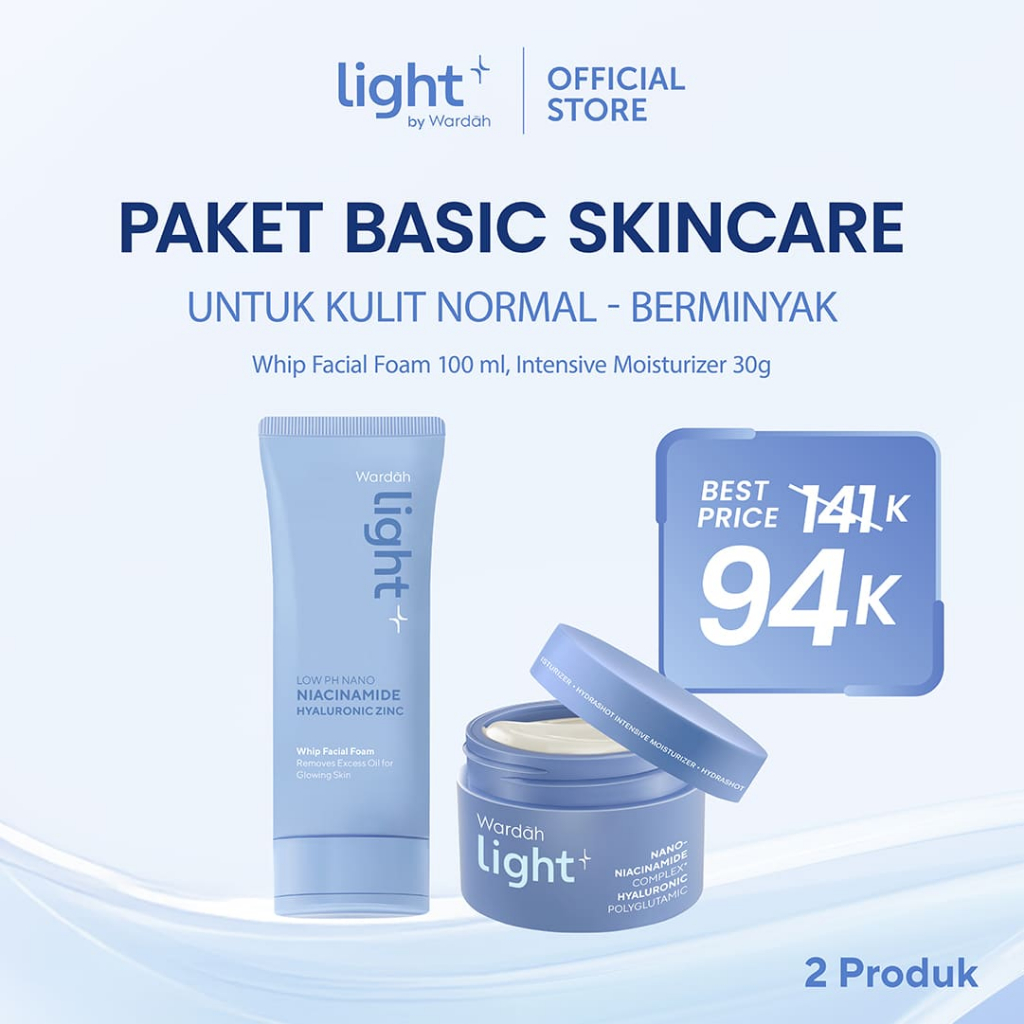 PAKET Light+ by Wardah Low pH Nano Niacinamide Hyaluronic Zinc Whip Face Wash 100ml, Hydrashot Inten