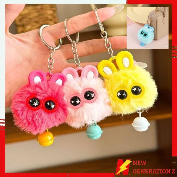 NGZ Gantungan Tas Kunci Boneka Bola Bulu Bermata Besar Gantungan Kunci Kelinci Dengan Lonceng Bag Ch