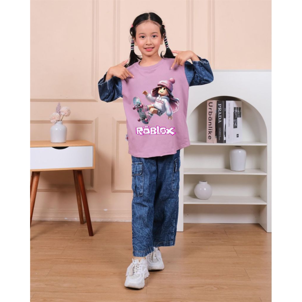 Baju Anak Perempuan setelan Levis Cargo Baju Gambar Animasi Roblox Ukuran Anak-anak