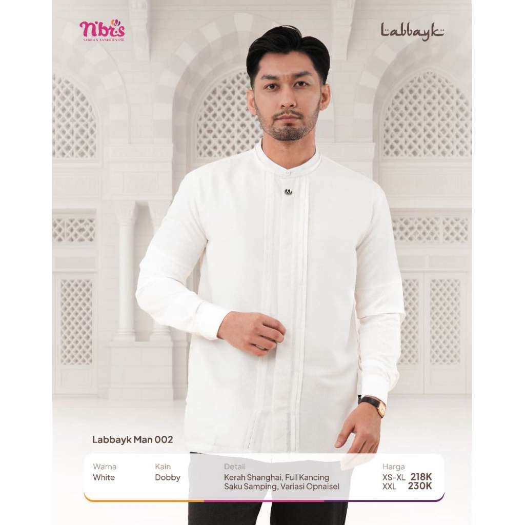 PROMO LABBAYK MAN 002 BY NIBRAS, KOKO NIBRAS WARNA HITAM, KOKO NIBRAS WARNA PUTIH, KEMEJA HITAM PREM