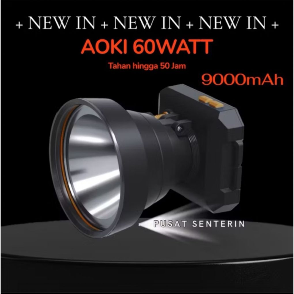ak-3702 senter kepala Aoki 60watt waterproof senter kepala led Aoki super terang 9000mah tahan hingg
