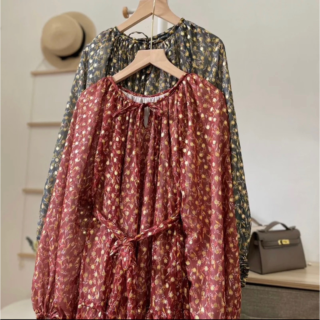Kain Sifon Dot Emas - bahan tunik - Sifon Emas Dot - Kain Ciffon Polkadot - Kain Ceruty Polkadot ema