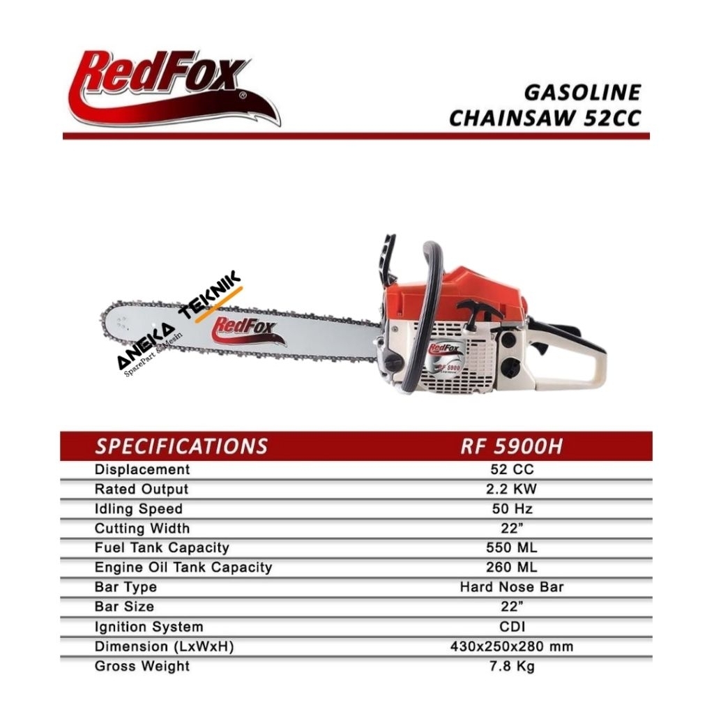 Aneka Teknik - Mesin Gergaji Kayu / Chainsaw Senso Sinso RedFox RF 5900 H / 52 Cc Bar 22" Inch Asli 