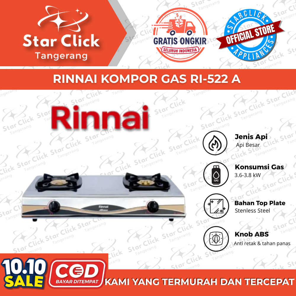RINNAI KOMPOR GAS RI-522 A / RI 522 A / RI522A [GARANSI RESMI]