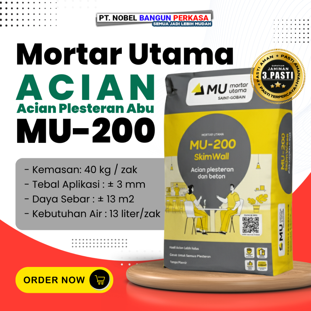Mortar Utama MU-200 Acian Dinding Plesteran / Semen Acian Instan Halus 40kg