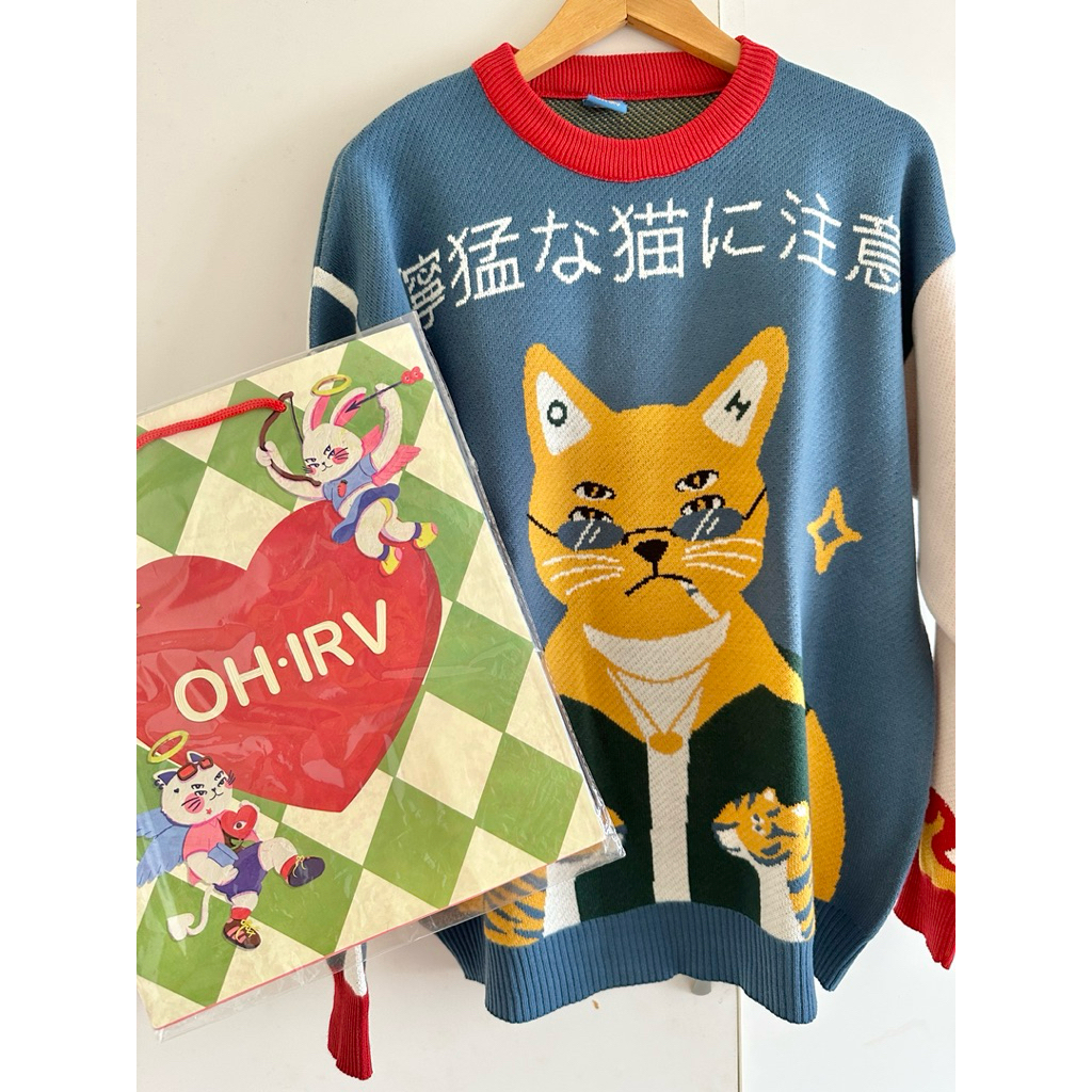 BRAND NEW bukan preloved OH IRV burning cat knitted sweater unisex retro atasan rajut lengan panjang