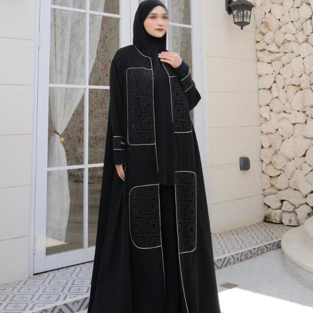 LaLouisa Cataleya Abaya Outer (Elegant Jetblack Premium Kombinasi Brokat)