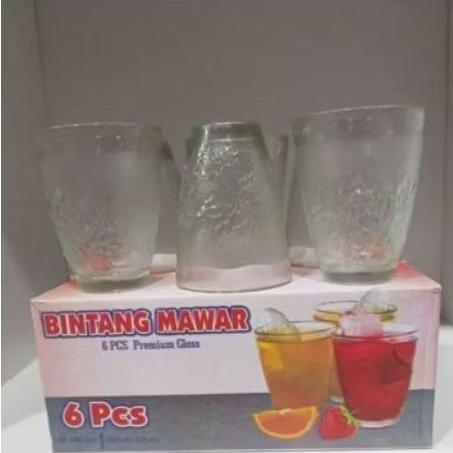 GELAS BINTANG MAWAR 6 PCS PREMIUM GLASS | GELAS KACA GELAS MURAH GELAS SOUVENIR