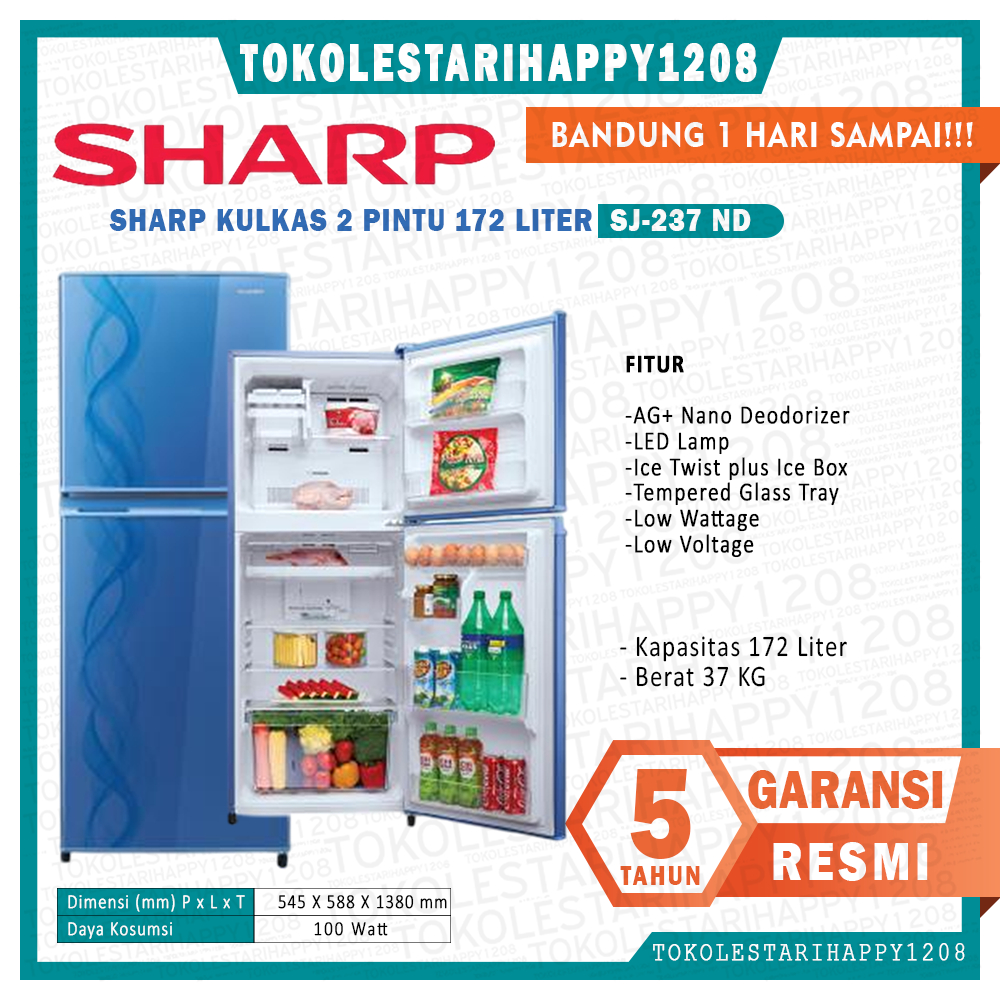 Kulkas 2 Pintu SHARP Aurora Design 187 L SJ-237ND AB/AP Bandung Kurir Toko 1 Hari Sampai