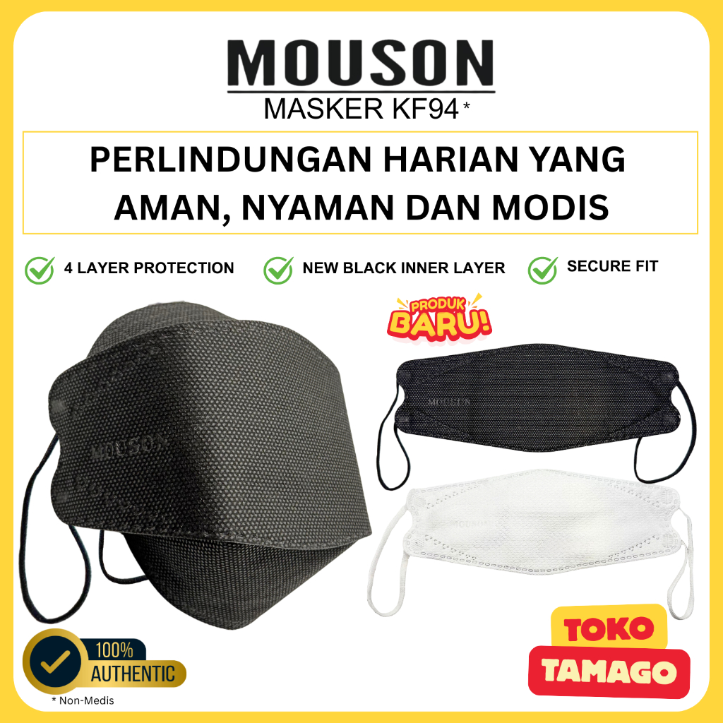 Masker KF94 50pcs MOUSON | 10 per pack Hitam Putih Masker 4 Lapisan Premium Nyaman