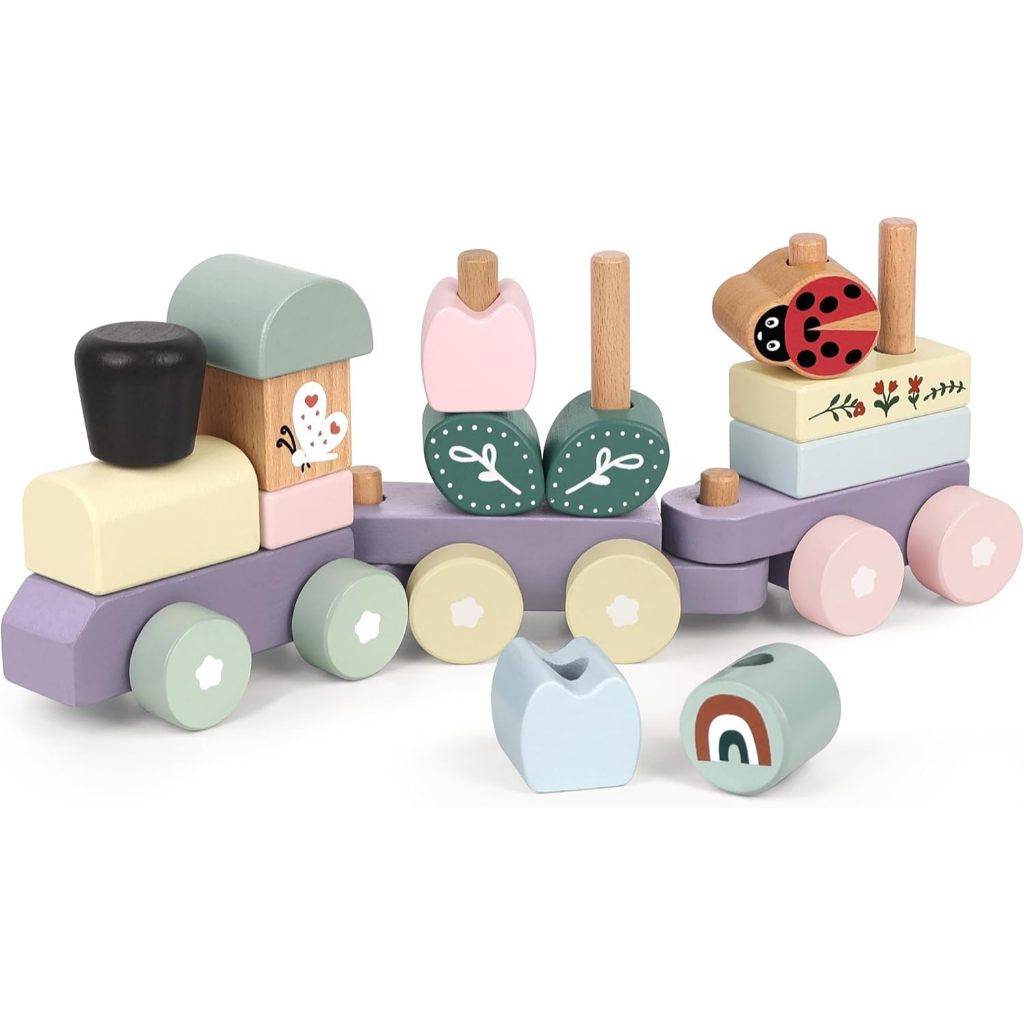 Pillowhale Wooden Stacking Train Toy Set,Wooden Building Blocks Train