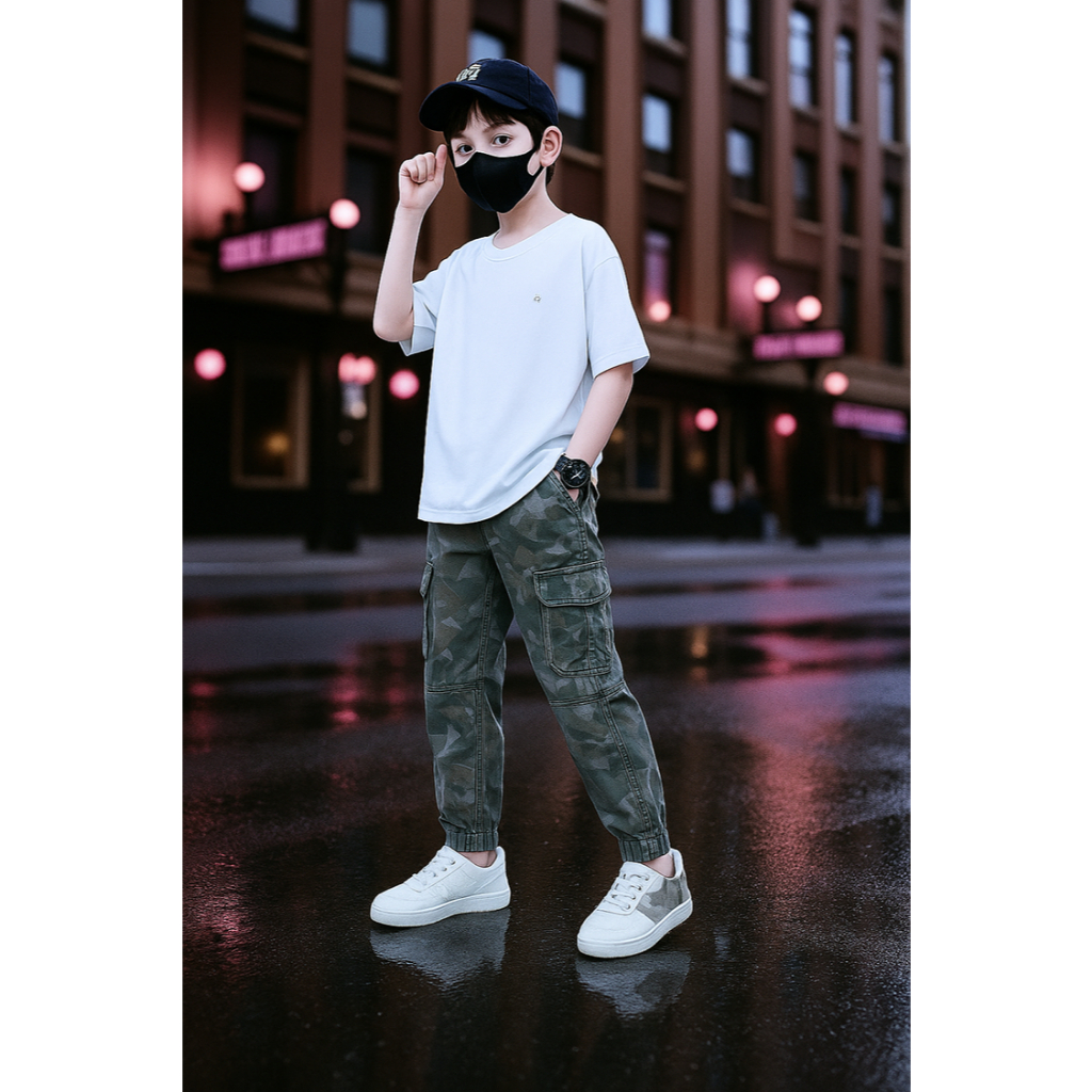 Celana Panjang Anak Motif Doreng Saku Samping Karet Bawah Bahan Twill Combad