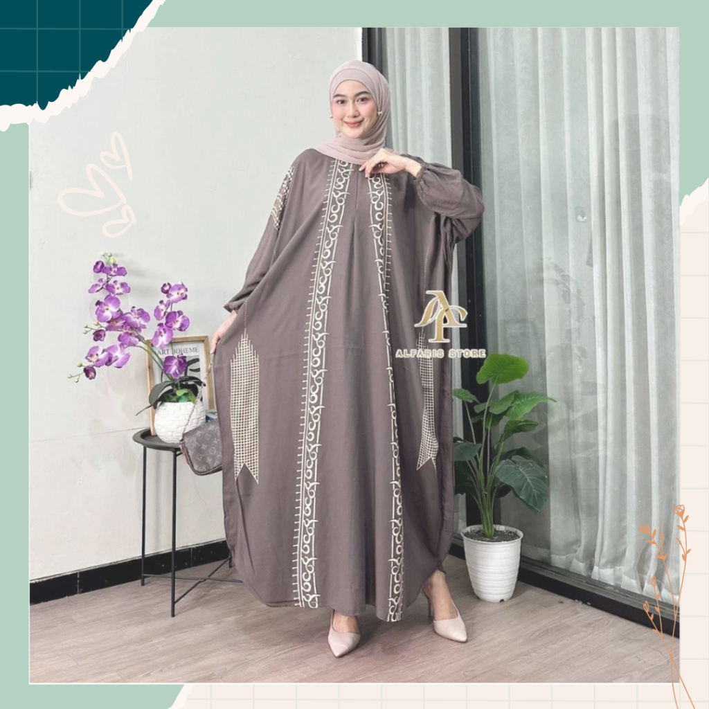 Kaftan Ruby Dress Daster Rayon Premium Ringan Lembut Rempel Busui Lengan Panjang Homedress Motif Bat