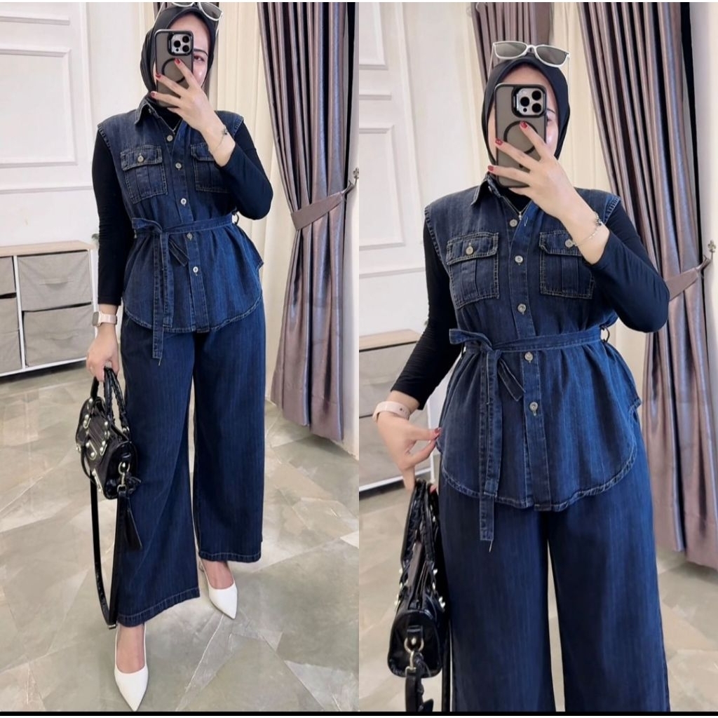 New Setelan jeans premium wanita/One set jeans delisha premium/Setcel jeans wanita premium/Setcel Cr