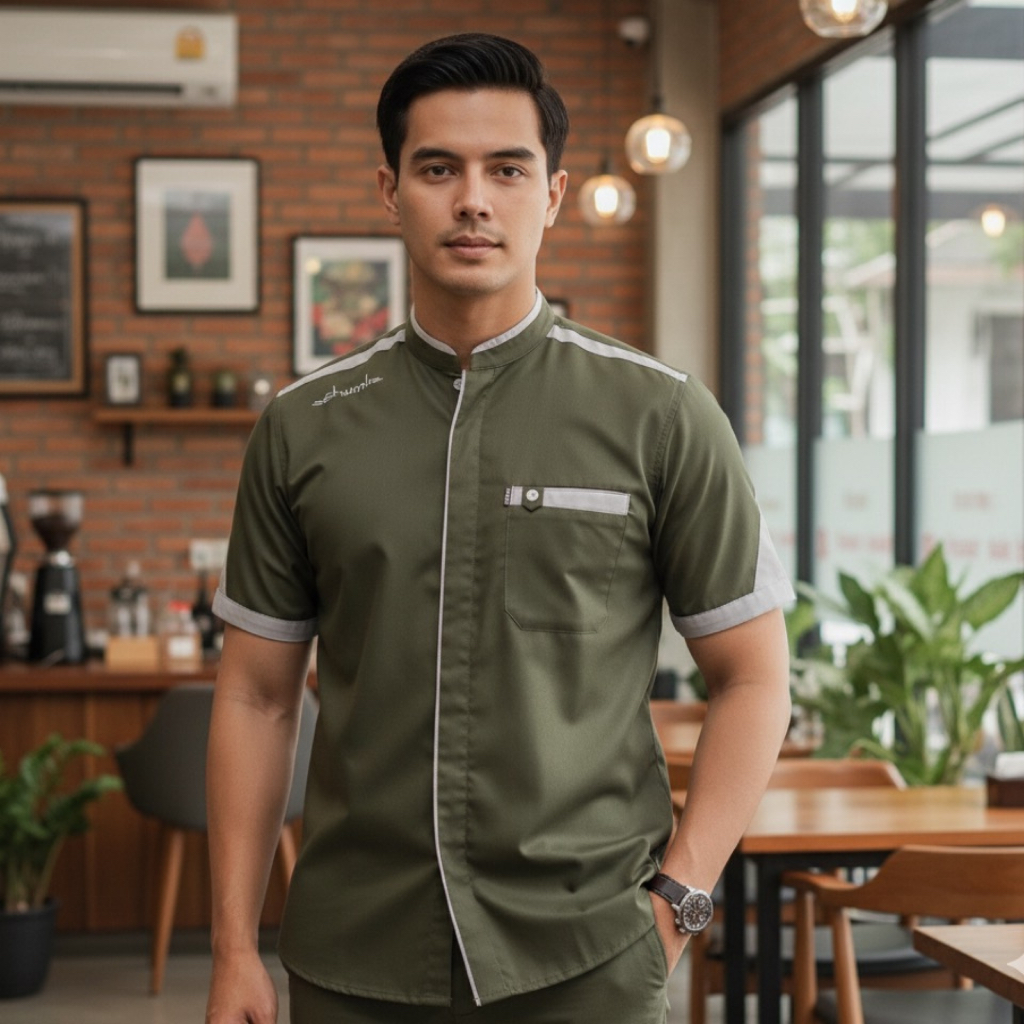 Baju Koko Pria Lengan Pendek Warna Hijau Army Kombinasi Bordir Motif Yisunsin