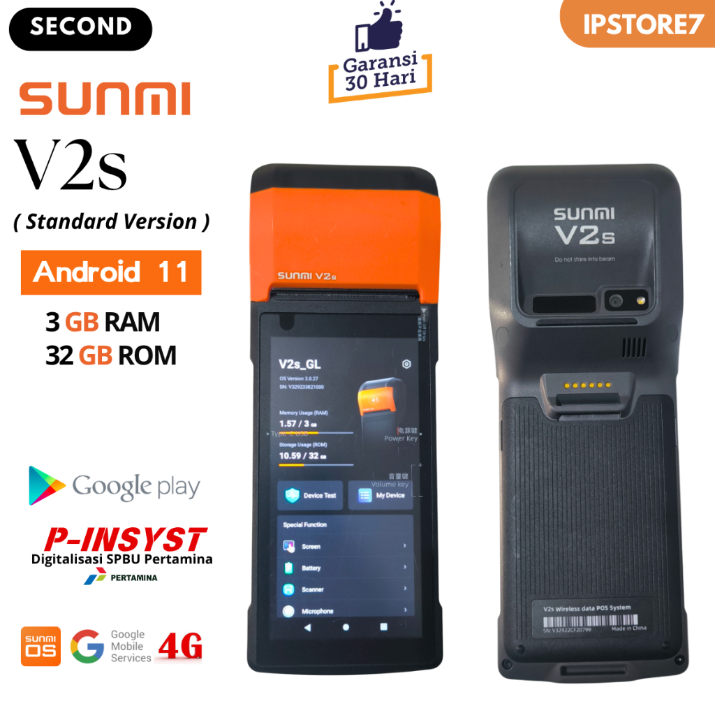 Mesin Kasir MPOS Android 11 Portabel Sunmi V2S RAM 3+32GB 4G Standard Version Second