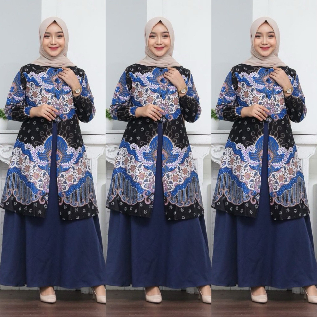 Gamis Batik Modern Premium, Dress muslim, Gamis Batik Kombinasi Motif Kuncoro Terbaru
